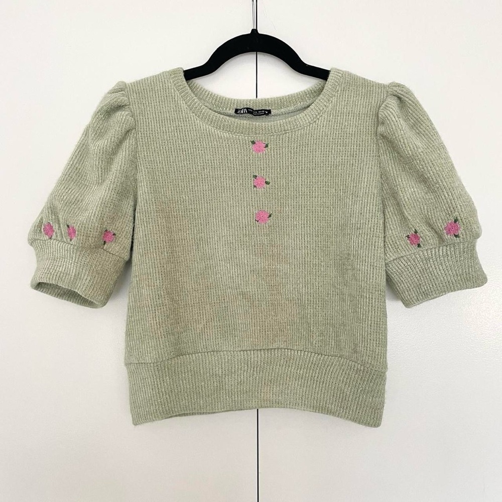 Zara | Pistachio green knit sweater top with pink embroidered roses | Size L - Picture 5 of 8